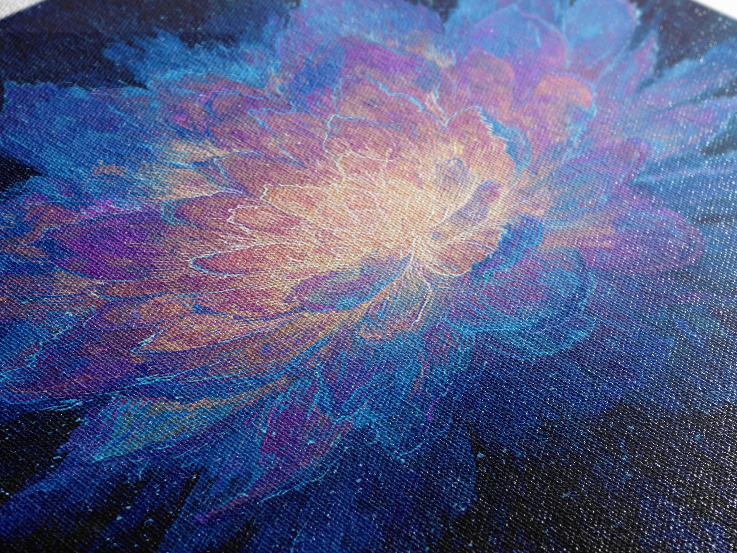 Radiant Blue Lotus Canvas Print, Spiritual Floral Wall Art, Luminous Abstract Flower Poster, Yoga Meditation Room Decor Gift