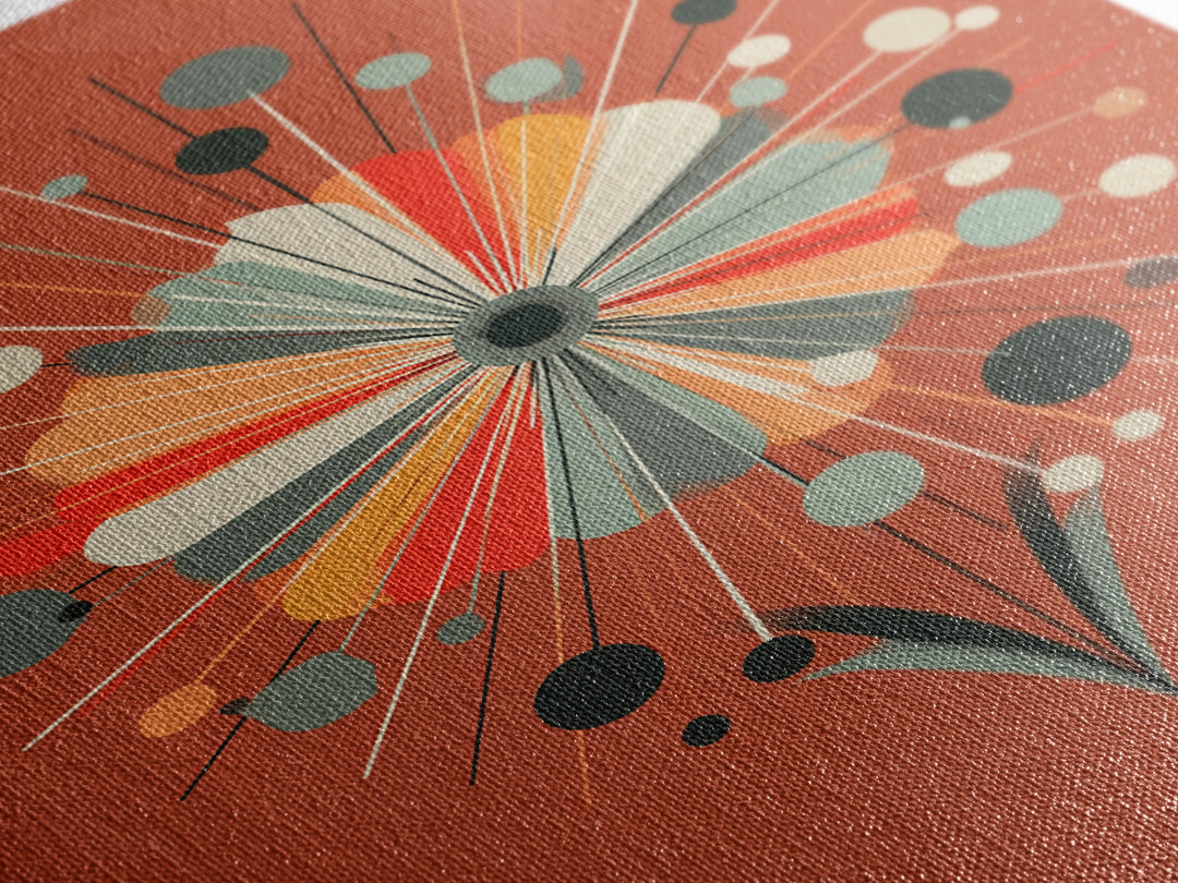 Rust Orange Atomic Flower Wall Art, Midcentury Modern Canvas Print, Geometric Retro Poster, MCM Living Room Decor Gift Idea