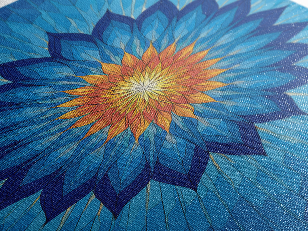 Blue Geometric Lotus Mandala Canvas Print, Abstract Floral Wall Art, Modern Spiritual Poster, Yoga Meditation Decor Gift Idea