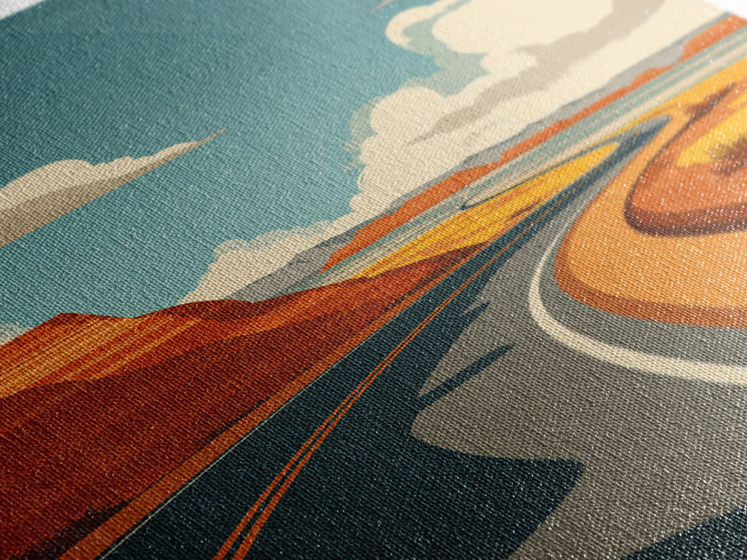 Winding Desert Highway With Red Mesas Wall Art, Mid Century Modern Travel Poster, Retro Southwest Road Trip Decor Print Gift