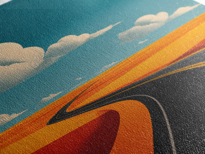 Curving Blacktop Across Orange Desert Canvas Print, Mid Century Modern Wall Art, Retro Road Trip Landscape Poster Home Decor