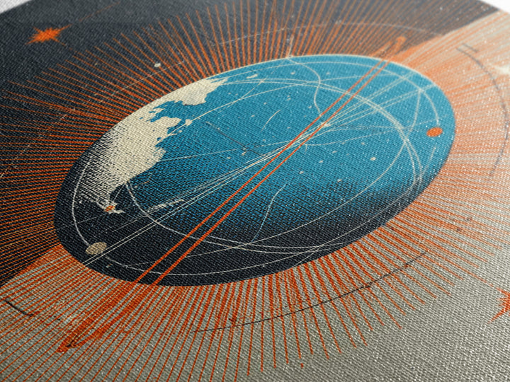 Orange Orbit Planet With Radiating Lines Framed Canvas Print, Modern Abstract Wall Art, Retro Sci Fi Space Decor Poster Gift