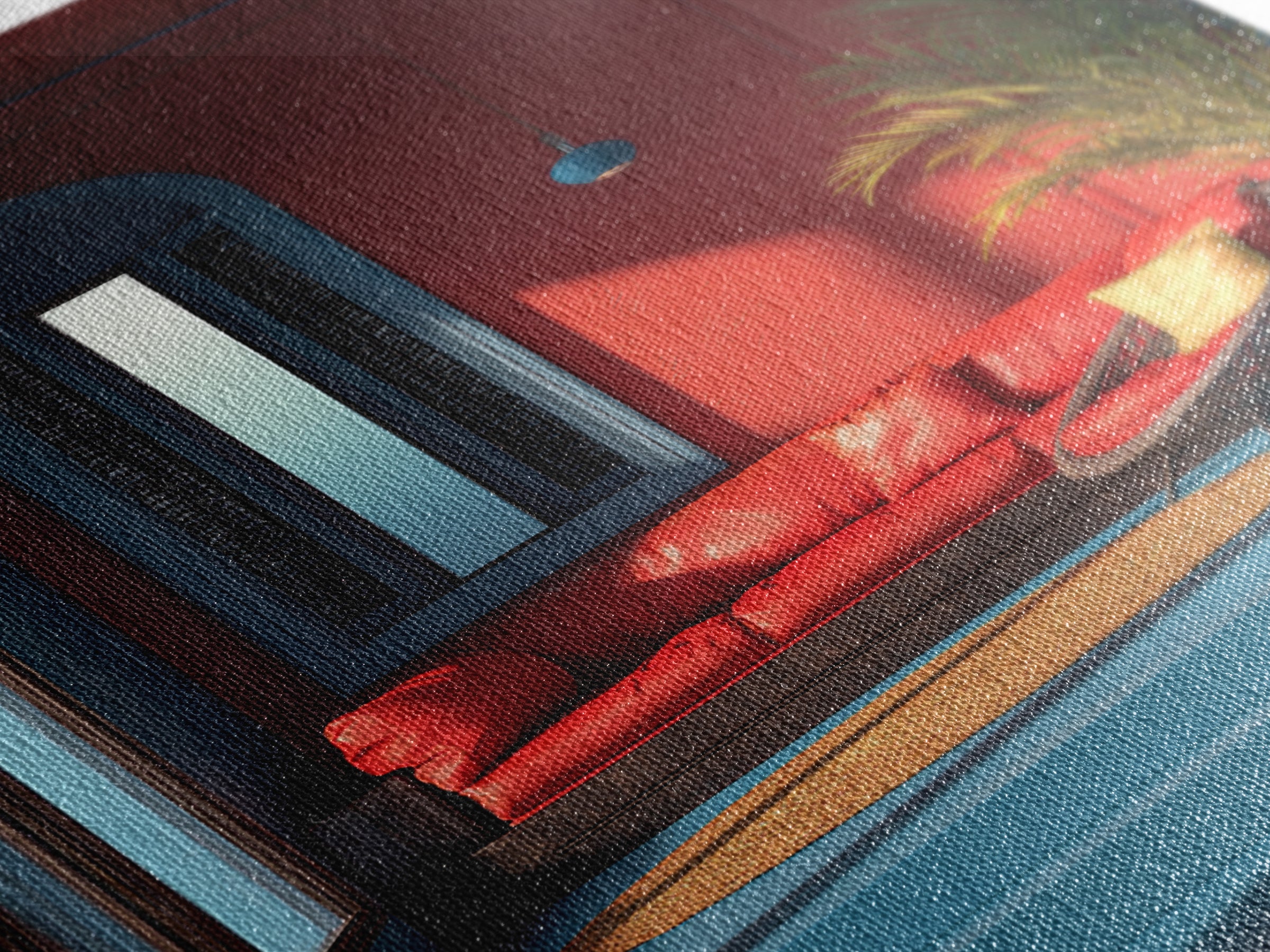 Red Sofa Blue Arch Interior Wall Art, Midcentury Modern Decor, Palm Springs Style, Bold Living Room Canvas Print Statement Home Decor