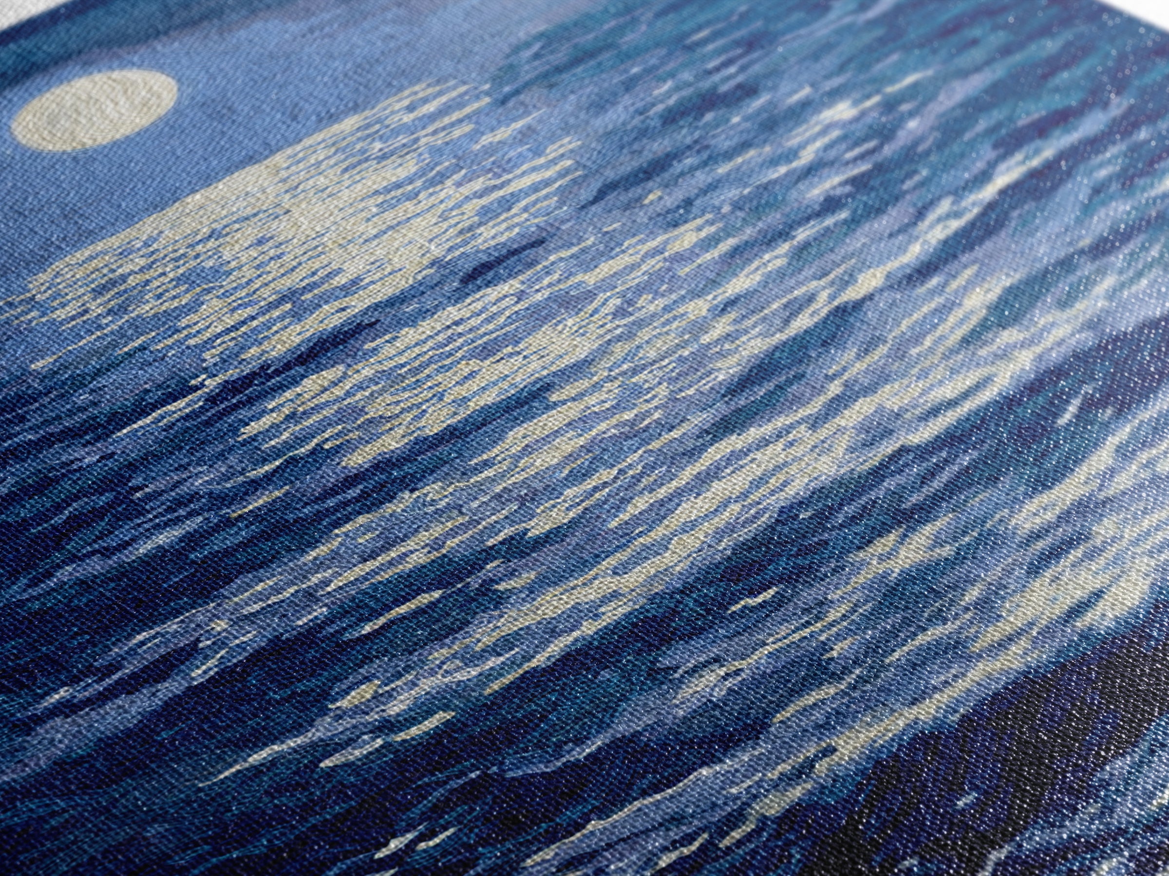 Textured Moonlit Waves Canvas Print, Blue Wall Art, Coastal Seascape Painting, Modern Living Room Decor, Ocean Art Print