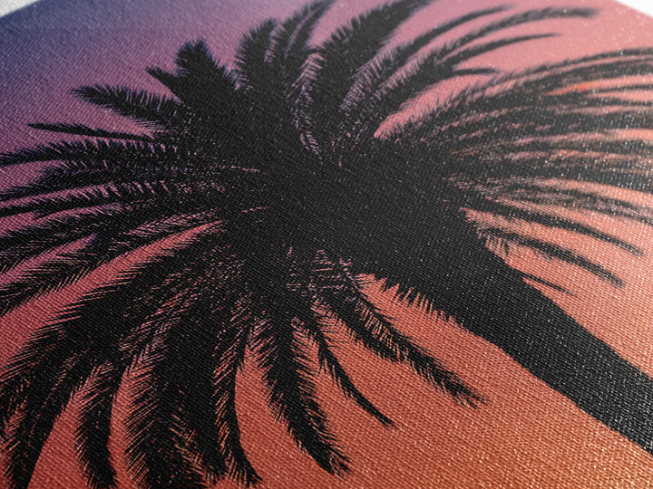 Black Palm Silhouette At Purple Orange Sunset Wall Art, Retro Tropical Poster, Palm Springs Decor, Coastal Home Decor Print