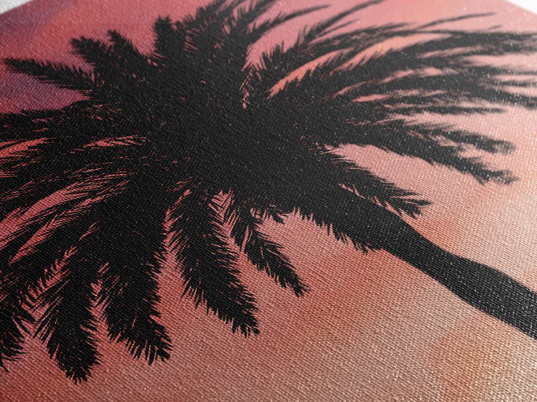 Cloudy Coral Palm Silhouette Sunset Canvas Print, Retro Tropical Wall Decor, Palm Springs Poster, Coastal Bedroom Art Print
