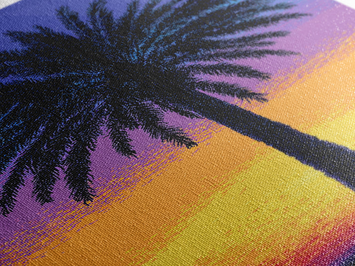 Pixel Palm Tree Against Blue Yellow Sunset Wall Art, Retro Digital Poster, Tropical MCM Wall Decor, Colorful Coastal Print