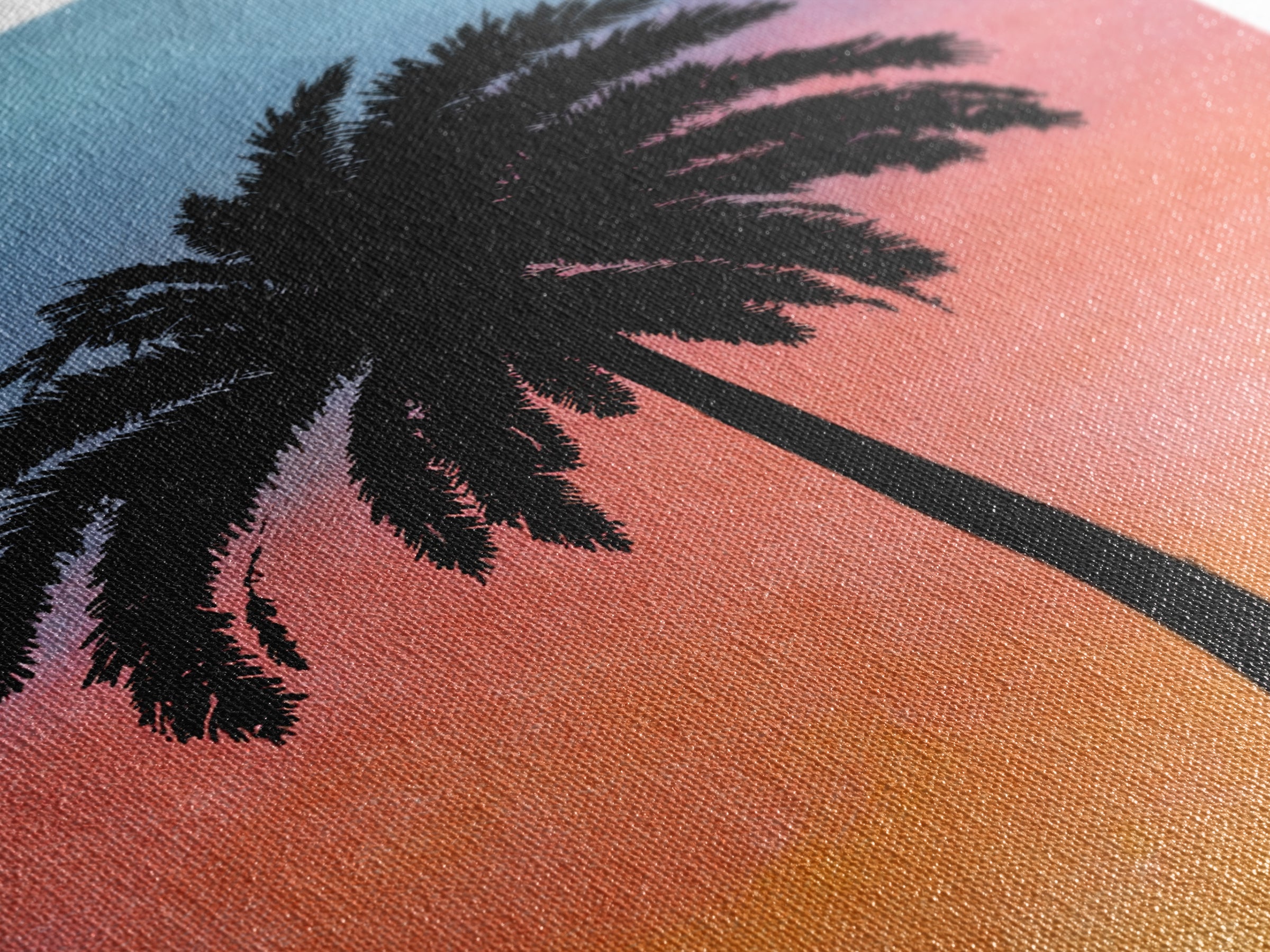 Textured Palm Silhouette With Coral Blue Sky Canvas Print, Retro Tropical Wall Decor, Palm Springs Style, Coastal Art Print
