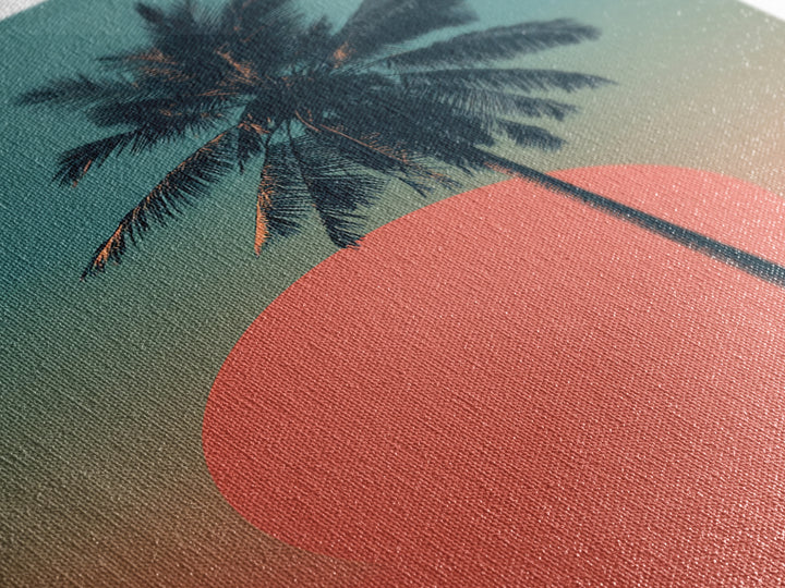 Minimal Palm Tree With Coral Sun Canvas Print, Retro Tropical Poster, Palm Springs Decor, Mid Century Modern Wall Art Print
