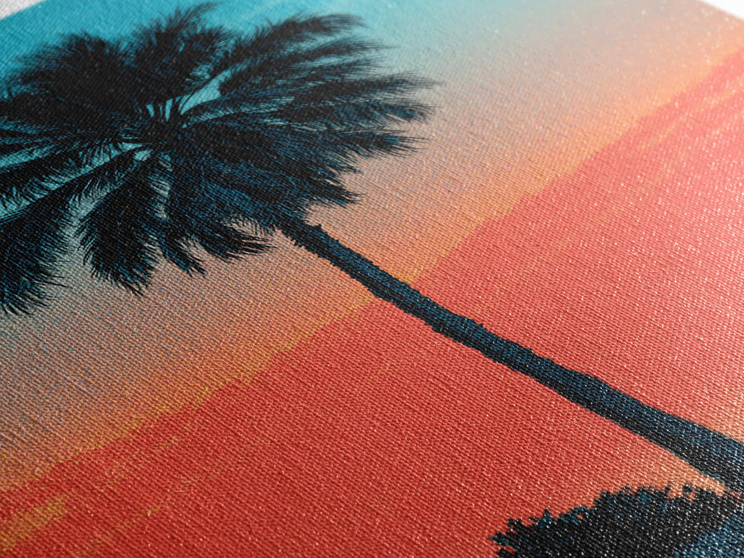 Tall Palm Silhouette In Turquoise Coral Sunset Wall Art, Retro Tropical Poster, Palm Springs Decor, Coastal Home Art Print