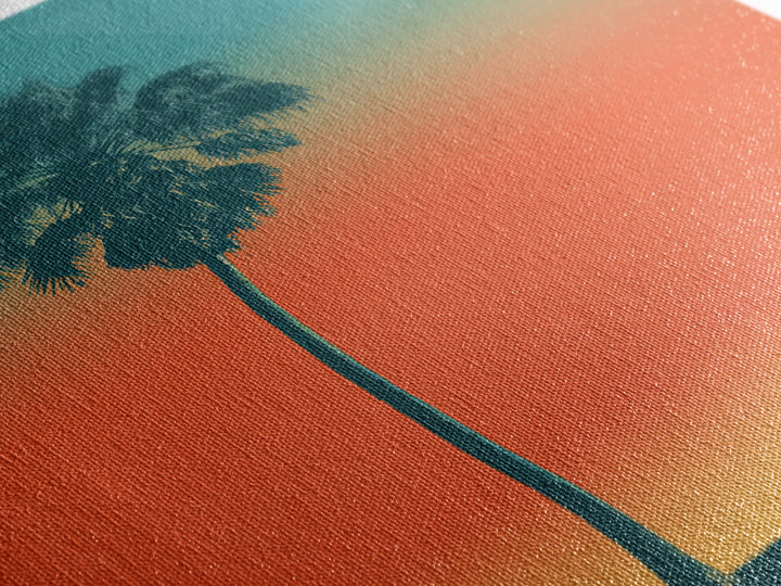 Lone Palm Tree On Orange Teal Horizon Canvas Print, Minimal Retro Tropical Poster, Palm Springs Decor, Coastal Wall Art Print