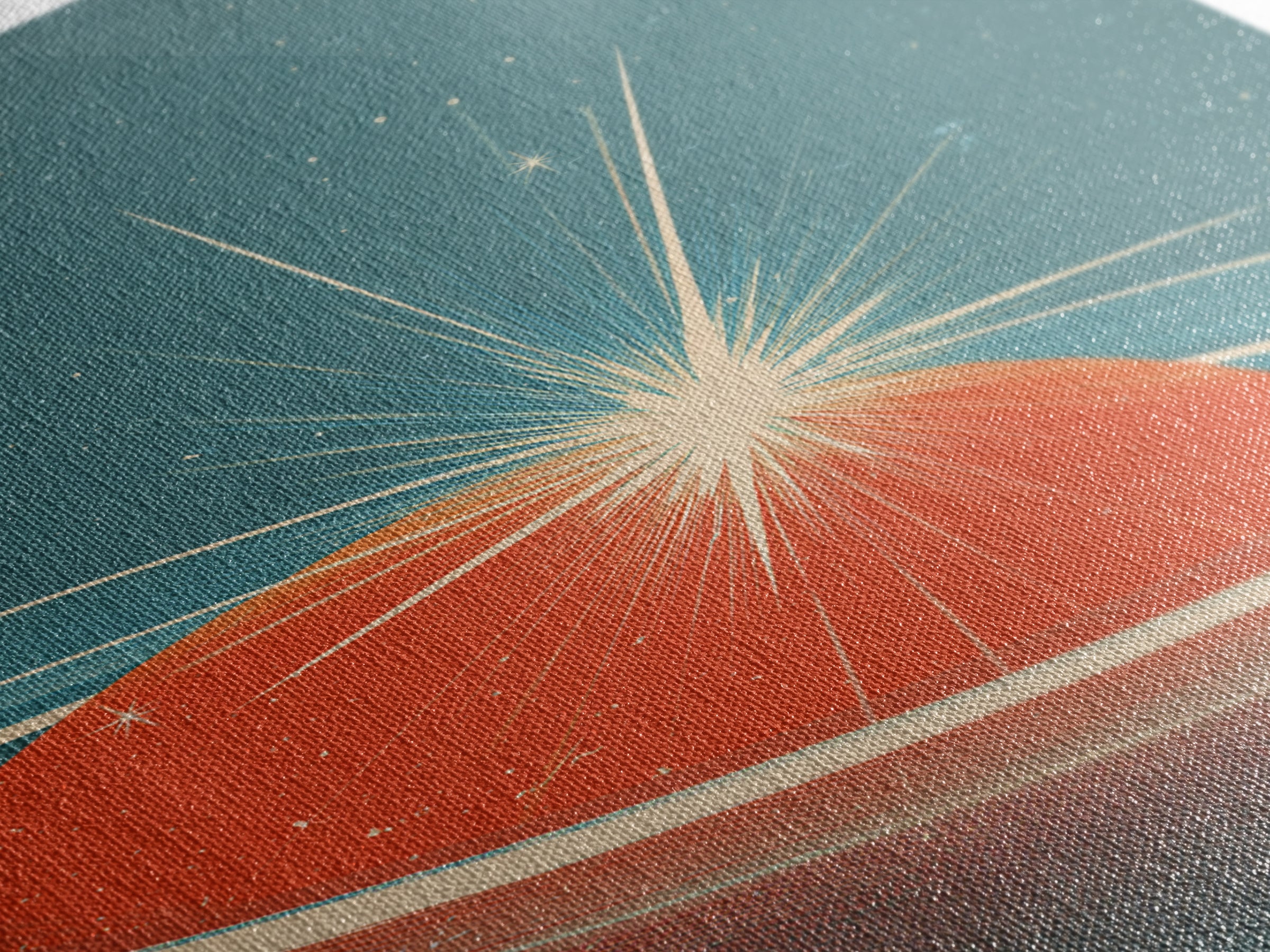 Retro Ringed Planet With Starburst Framed Canvas Print, Mid Century Modern Wall Art, Space Abstract Poster, Sci Fi Decor