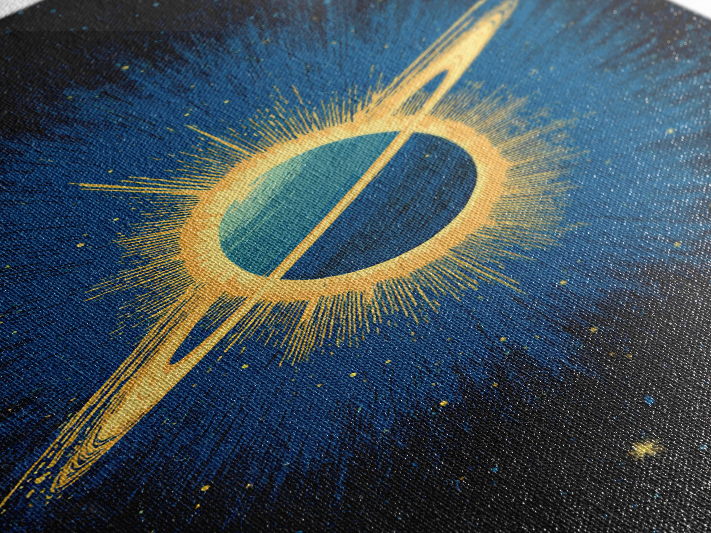 Blue Saturn Eclipse Burst Canvas Print, Retro Sci Fi Space Poster, Modern Wall Art, Midcentury Cosmic Decor, Galaxy Gift