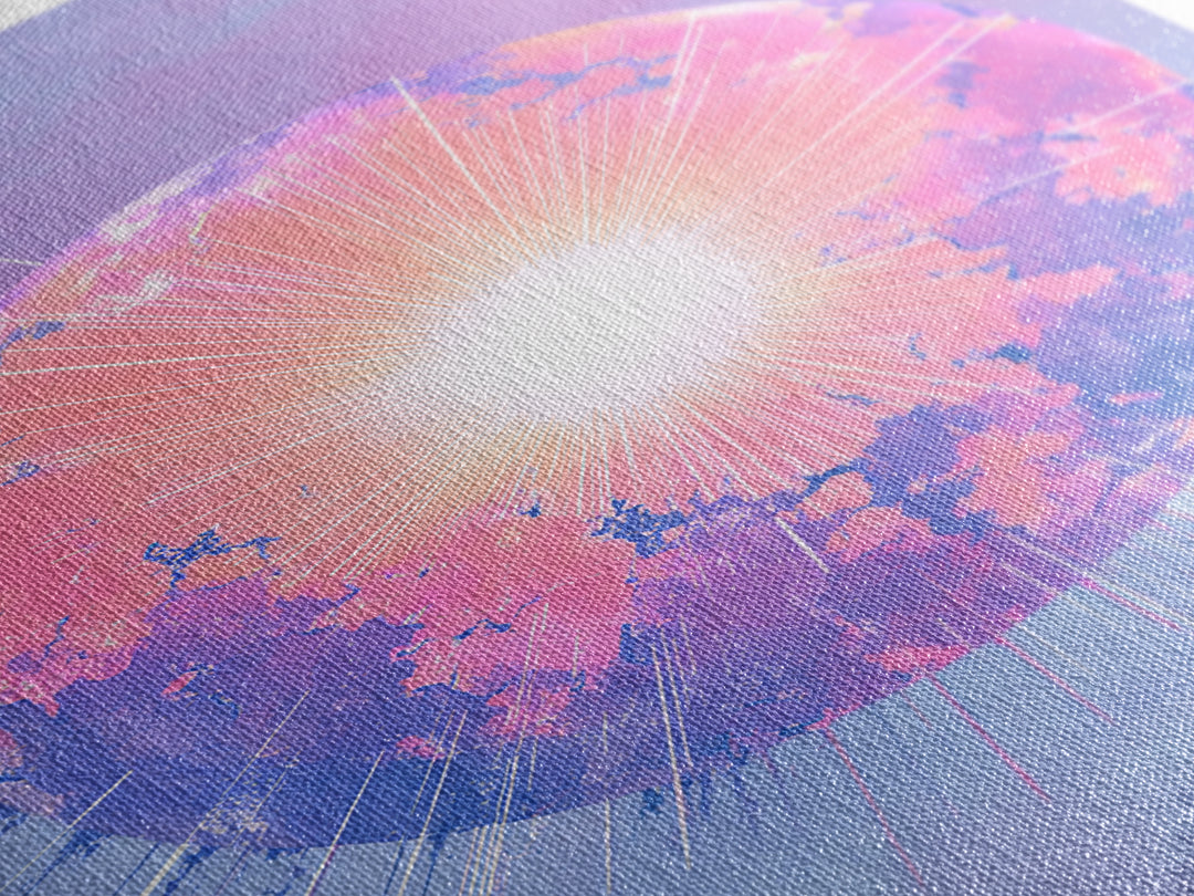 Pink Glowing Planet Over Skyline Wall Art, Pastel Sci Fi Poster, Modern Art Print, Dreamy Space Decor, Retro Galaxy Gift