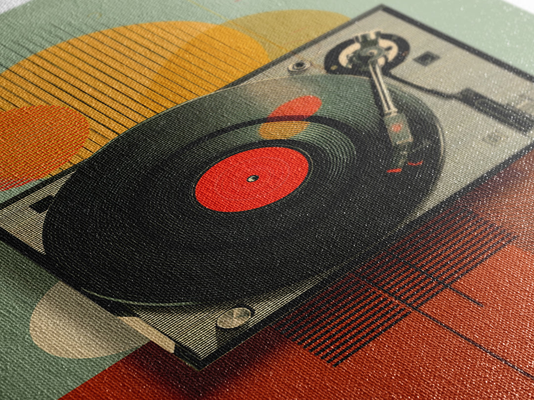 Retro Turntable Sun Shapes Framed Canvas Print, Midcentury Modern Wall Art, Orange Green Music Room Decor Poster For Vinyl Lovers