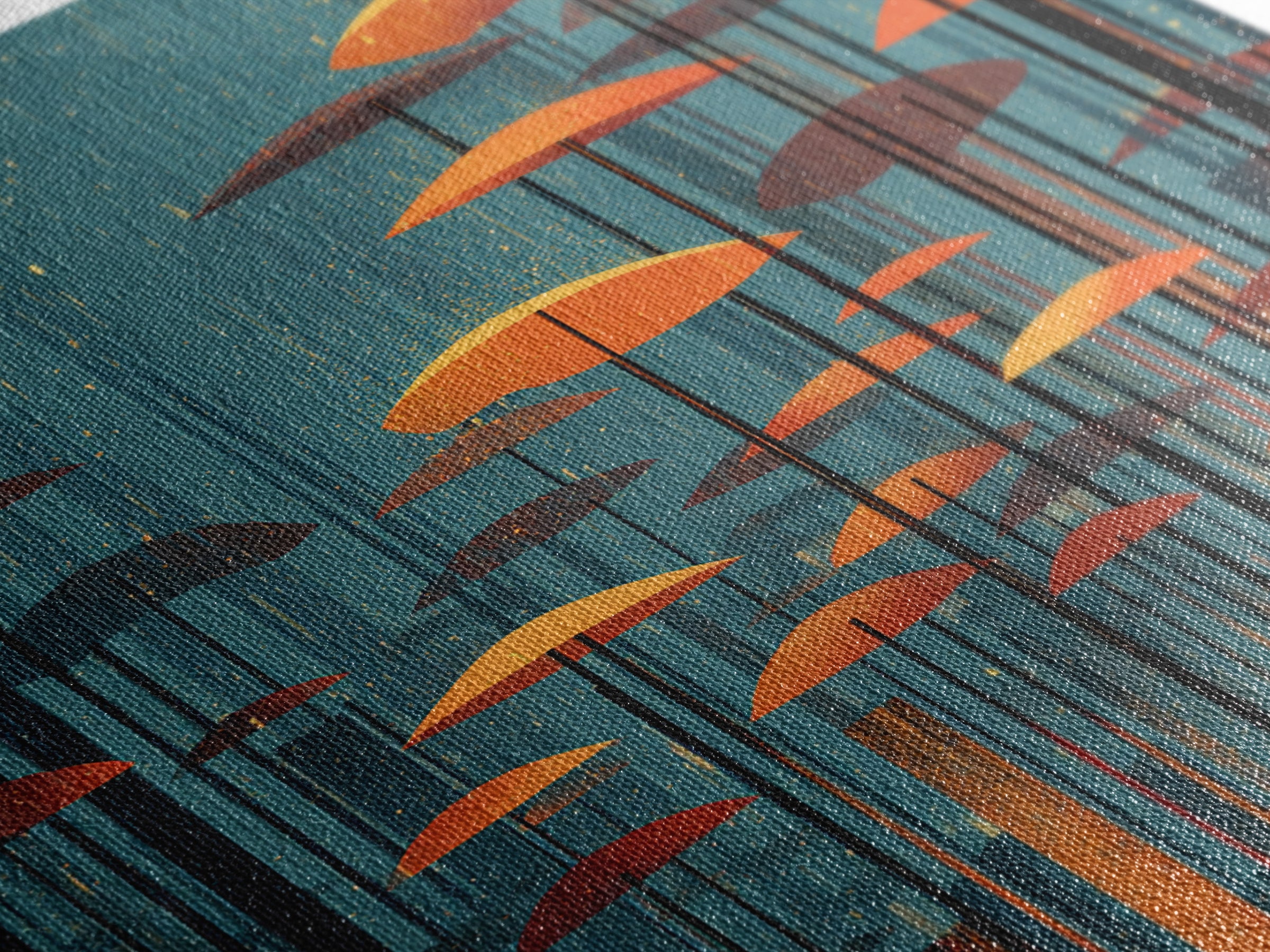 Rainy Teal Forest With Orange Umbrella Mushrooms Wall Art, Midcentury Modern Art Print, Retro Mcm Decor, Surreal Nature Poster