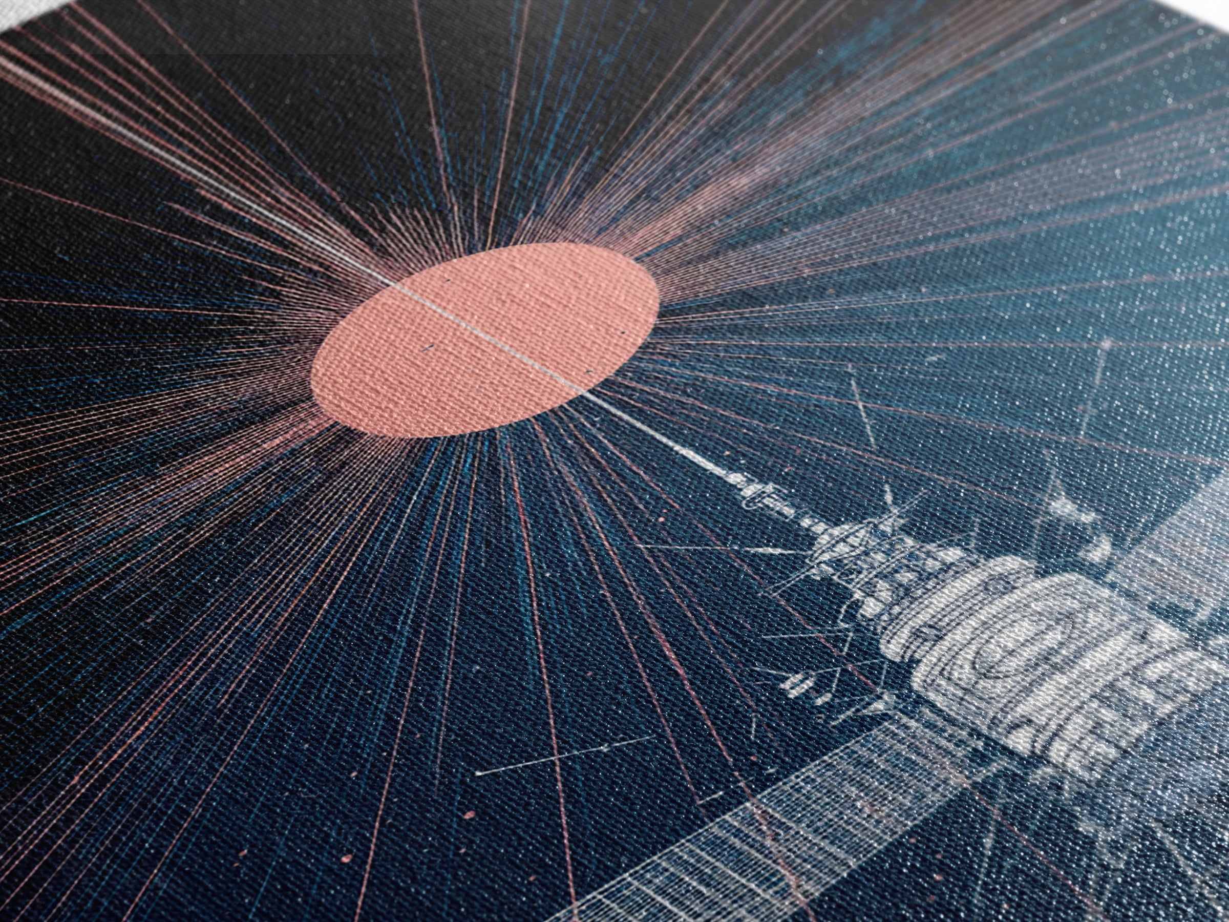 Satellite Under Pink Cosmic Sun Wall Art, Midcentury Modern Sci Fi Poster, Space Abstract Art, Retro Futurism Decor Print