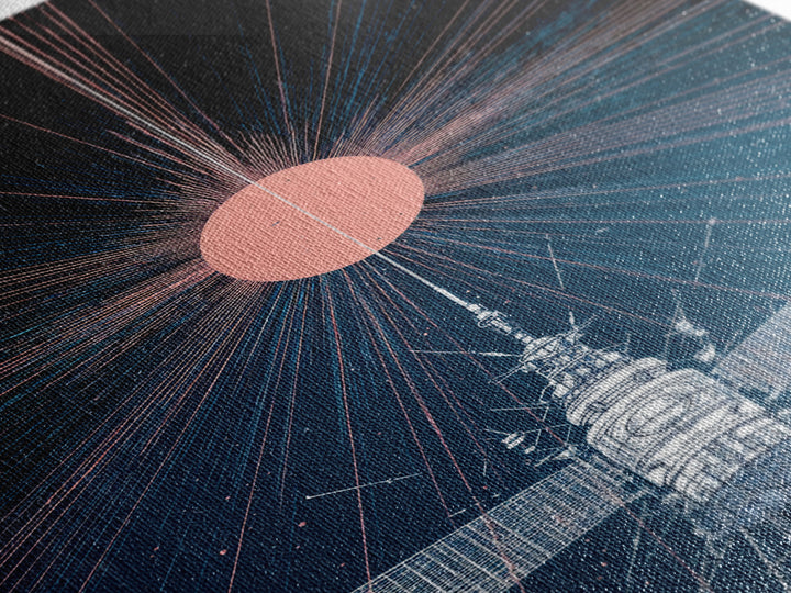 Satellite Under Pink Cosmic Sun Wall Art, Midcentury Modern Sci Fi Poster, Space Abstract Art, Retro Futurism Decor Print