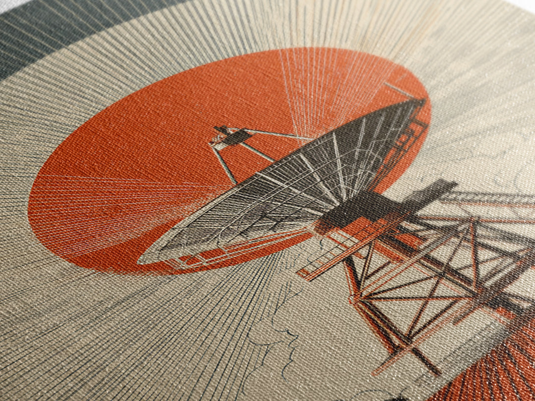 Orange Eclipse Radio Telescope In Desert Wall Art, Midcentury Modern Space Poster, Retro Futurism Decor, Geometric Art Print