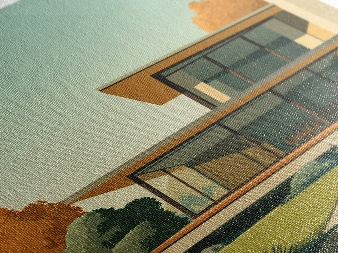 Warm Mid Century Modern House Framed Canvas Print, Architectural Wall Decor, MCM Home Artwork, Minimalist Retro Poster Prints