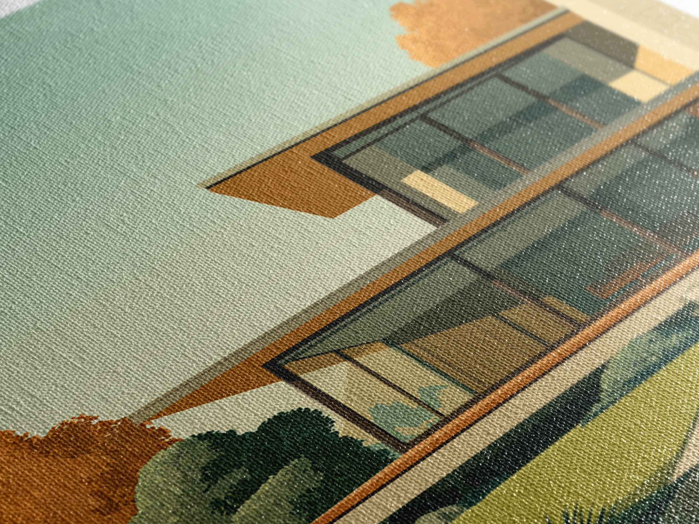 Warm Mid Century Modern House Framed Canvas Print, Architectural Wall Decor, MCM Home Artwork, Minimalist Retro Poster Prints