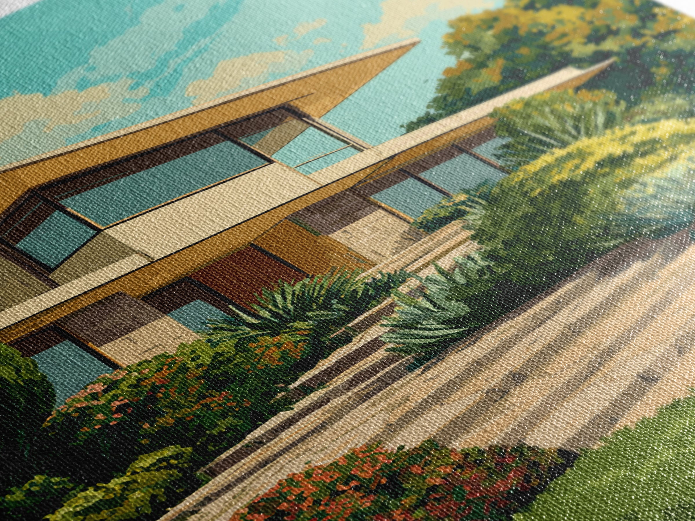 Lush Mid Century Modern House Canvas Print, Architectural Garden Wall Decor, MCM Landscape Poster, Retro Home Office Art