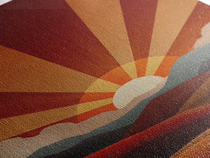 Burnt Orange Sunrise Wall Art, Retro Mountain Landscape Poster, Mid Century Sun Print, Warm Desert Decor, Boho MCM Art Gift
