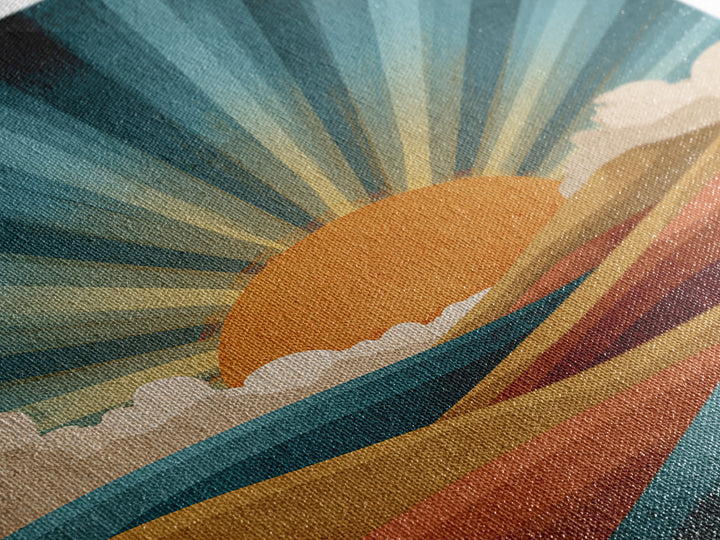 Teal Orange Sunrise Canvas Print, Retro Desert Mountain Wall Decor, Mid Century Sun Art, Boho Abstract Landscape Poster Print
