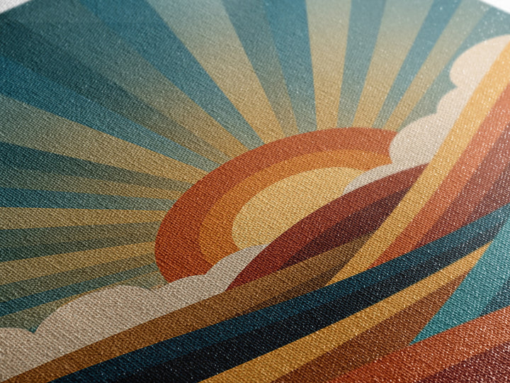 Geometric Sunrise Wall Art, Retro Rainbow Mountain Poster, Mid Century Sun Print, Colorful Abstract MCM Home Decor Gift Idea