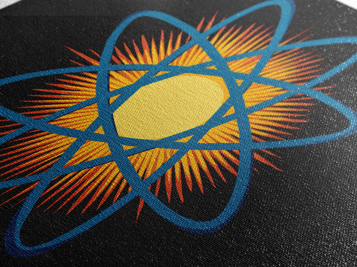 Blue Atomic Orbit Sunburst Wall Art, Midcentury Modern Science Poster, Retro Space Decor, Geometric MCM Art Print For Office
