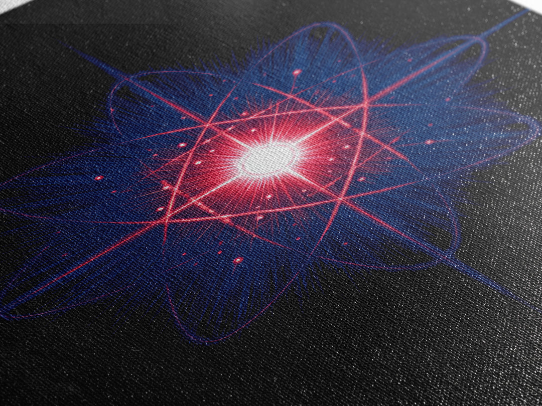 Neon Red Blue Atomic Starburst Canvas Print, Futuristic Space Abstract, Midcentury Modern Wall Decor, Sci Fi Home Office Art