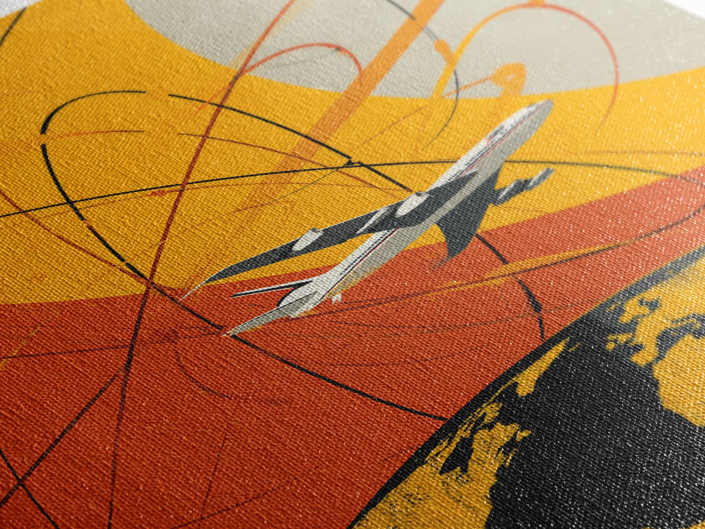 Orange Jet Airplane Orbit Wall Art, Retro Space Age Travel Poster, Midcentury Modern Aviation Decor, Bold Canvas Print For Office