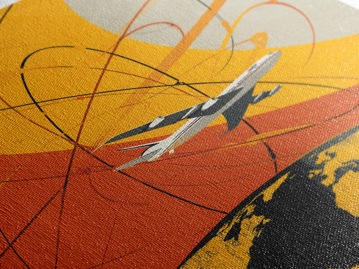 Orange Jet Airplane Orbit Wall Art, Retro Space Age Travel Poster, Midcentury Modern Aviation Decor, Bold Canvas Print For Office