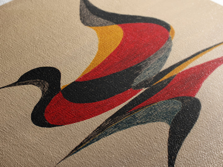 Red Black Abstract Bird Canvas Print, Midcentury Modern Wall Art, Retro Geometric Art, Warm Beige Living Room Decor, Gift