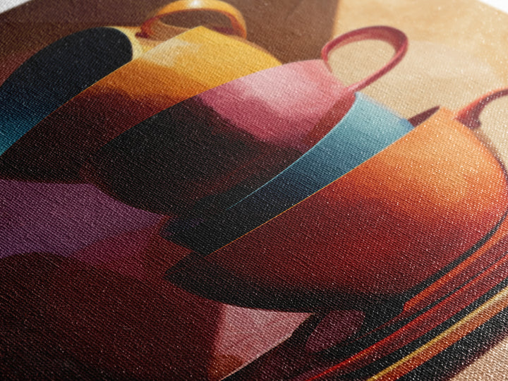 Stacked Colorful Coffee Cups Canvas Print, Modern Kitchen Wall Art, Retro Cafe Poster, Bright Home Decor, Coffee Lover Gift