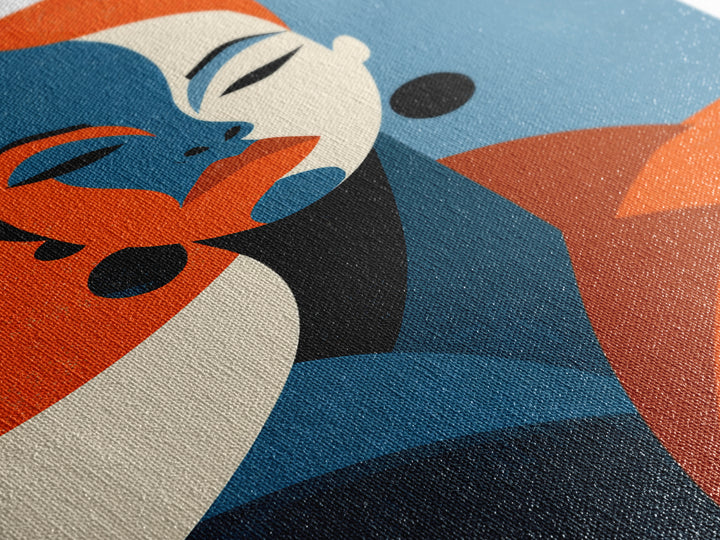 Elegant Orange Blue Woman Portrait Framed Canvas Print, Midcentury Modern Art, Fashion Wall Decor, Bold Retro Poster Gift