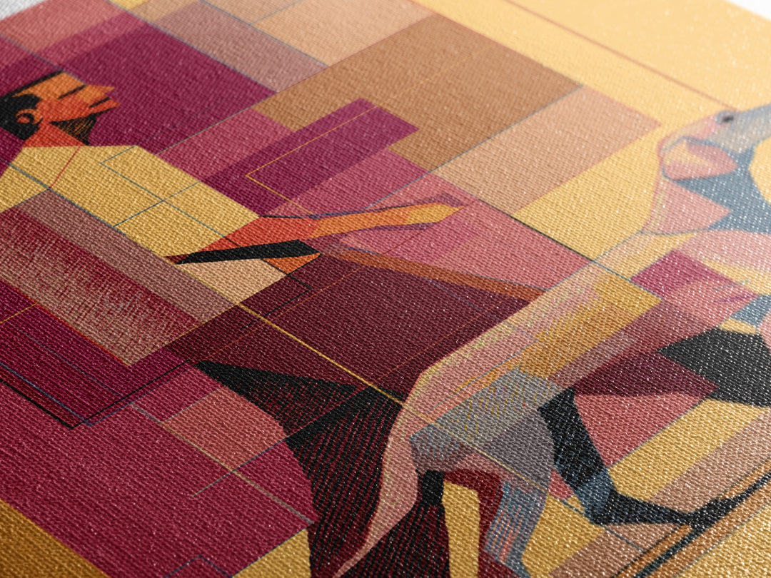 Pastel Man Walking Dog Canvas Print, Midcentury Modern Wall Art, Geometric Pink Orange Poster, Contemporary Pet Decor Gift