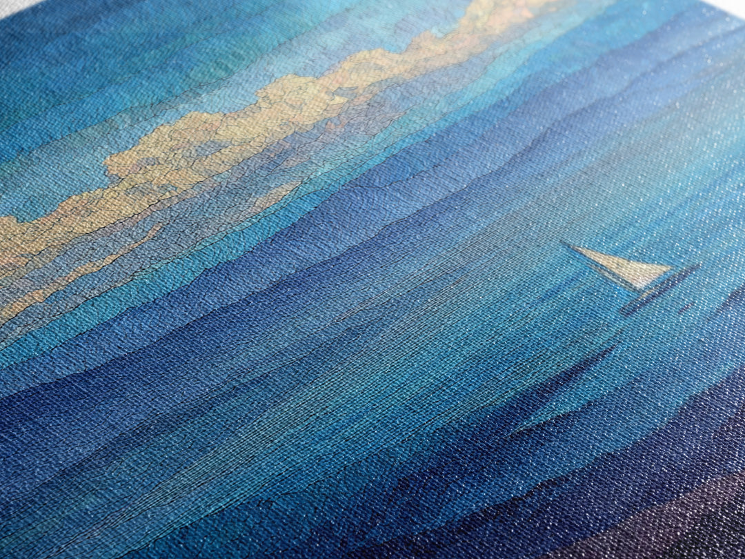 Textured Blue Mountain Lake Sailboat Wall Art, Scenic Coastal Landscape Print, Modern Home Decor, Peaceful Nature Artwork