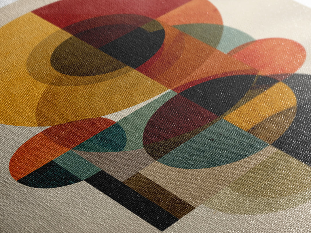 Ochre Red Teal Circle Abstract Framed Canvas Print, Midcentury Modern Wall Art, Geometric Bauhaus Home Decor Poster Print Gift