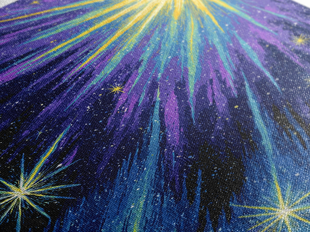 Radiant Comet Starburst Night Sky Framed Canvas Print, Cosmic Retro Wall Art, Space Abstract Art, Modern Home Decor, Gallery Wall Art