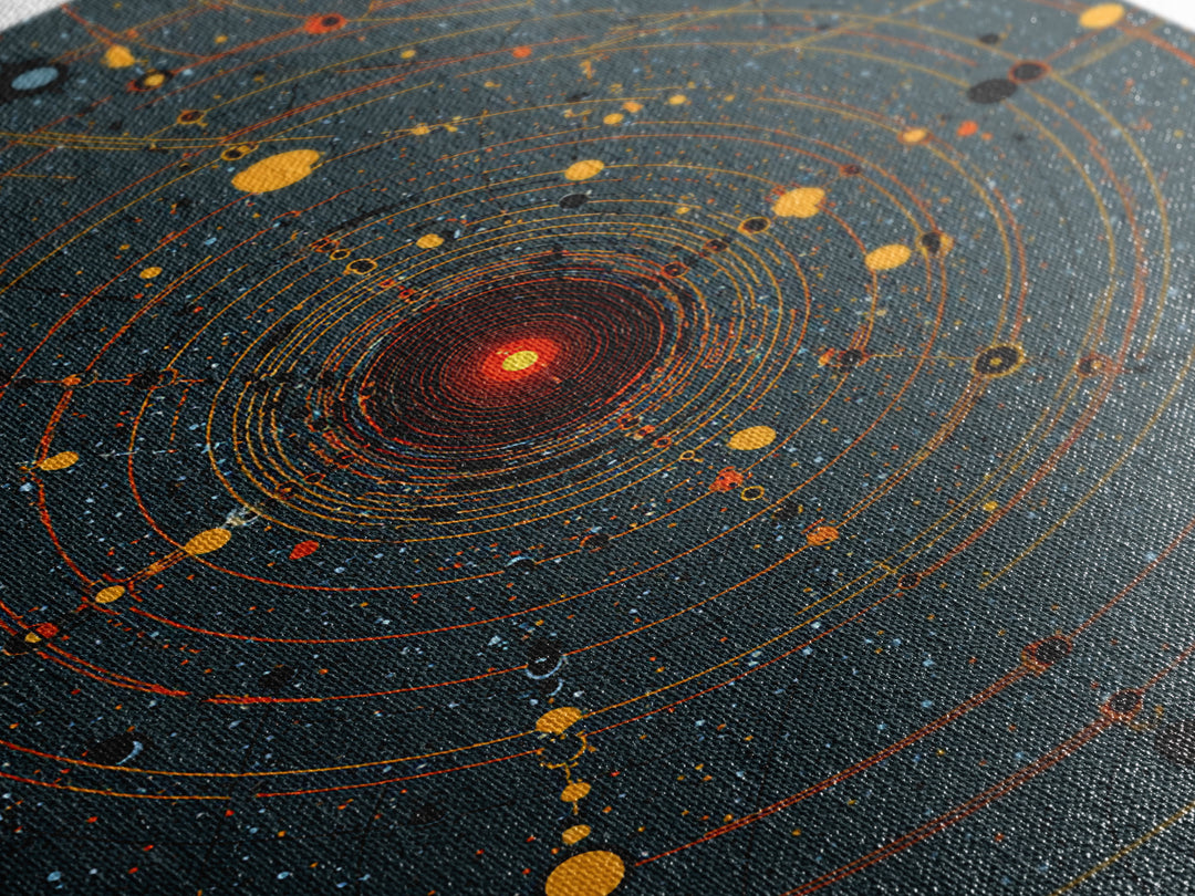 Orange Orbital Solar System Canvas Print, Midcentury Space Wall Art, Atomic Retro Poster, Modern Office Decor, Sci Fi Art