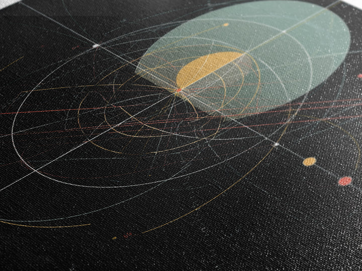 Black Celestial Geometry Diagram Canvas Print, Modern Abstract Art Print, Geometric Wall Art, Atomic Space Office Decor Poster