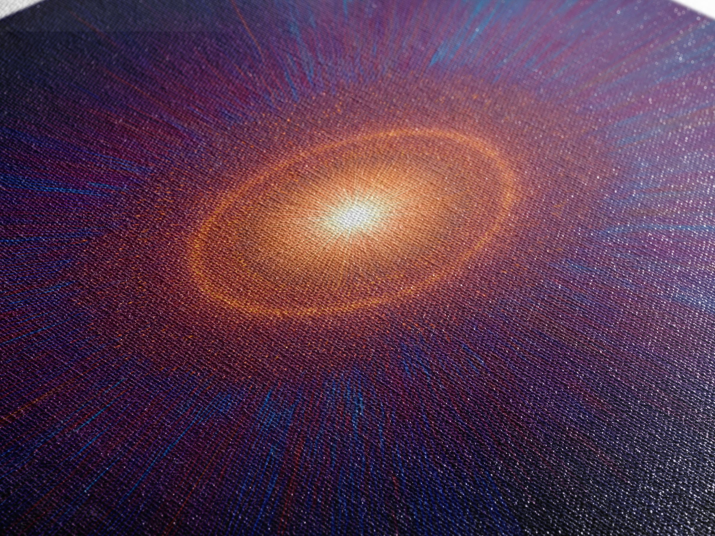 Radiant Orange Cosmic Halo With Blue Purple Rays Wall Art, Midcentury Modern Art, Abstract Space Poster, Mcm Wall Decor Print