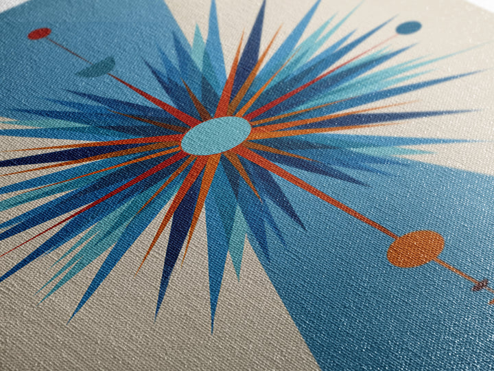 Blue Orange Atomic Starburst On Beige Canvas Print, Midcentury Modern Art, Geometric Wall Art, Retro Mcm Home Decor, 50s Art Print