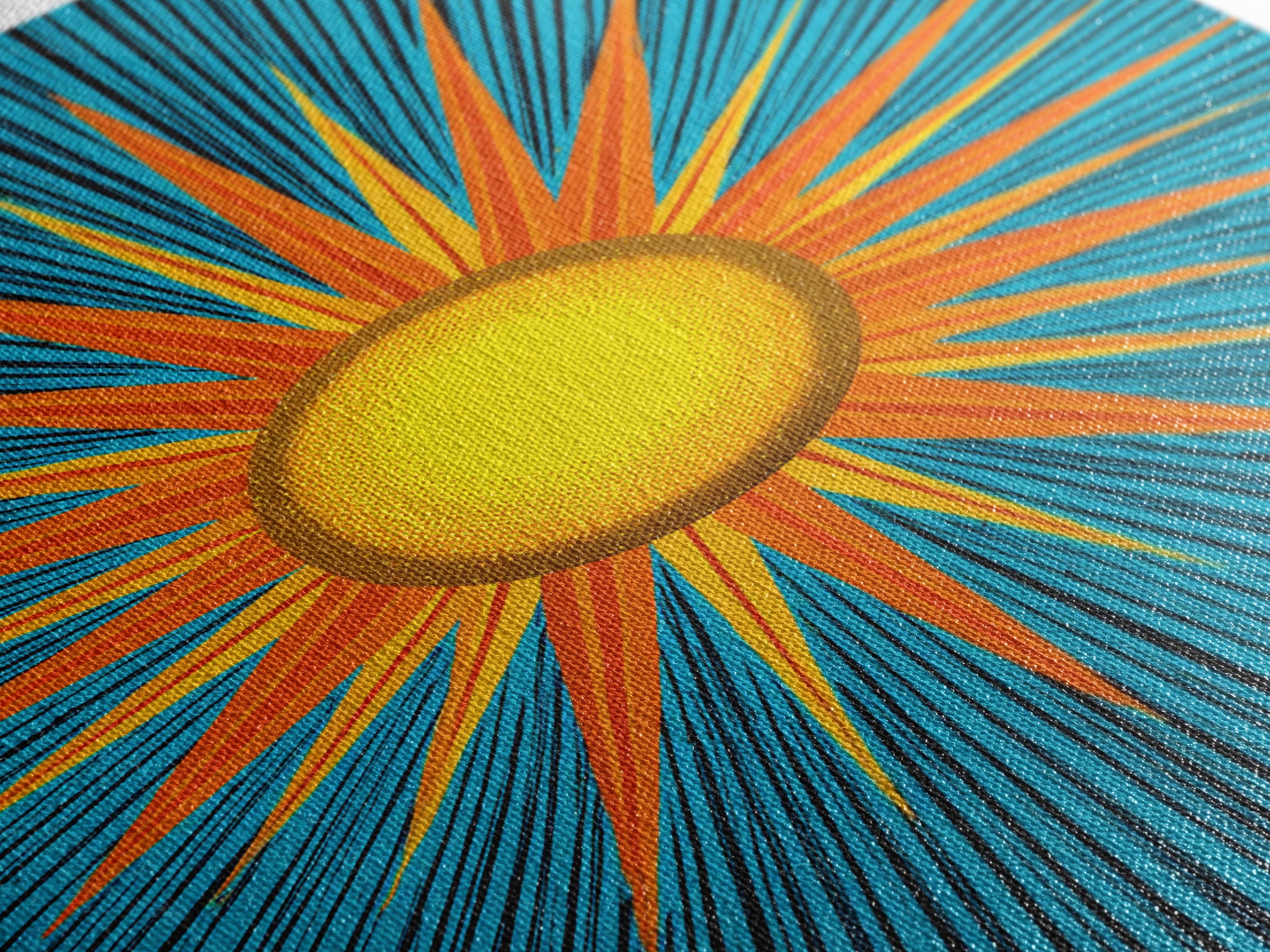 Bright Yellow Sunburst With Turquoise Rays Wall Art, Midcentury Sun, Modern Abstract Art, Retro Pop Art Poster Print, Living Room Decor