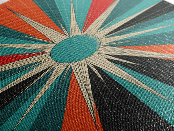 Teal Orange Retro Compass Starburst Framed Canvas Print, Midcentury Wall Art, Geometric Abstract, Atomic Mcm Wall Decor Print