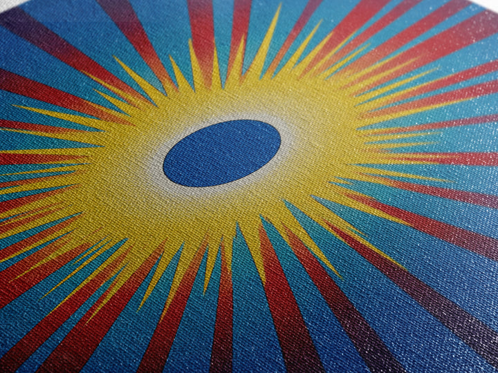 Blue Eclipse Sun With Yellow Burst Wall Art, Midcentury Modern, Space Abstract Art, Retro Poster, Bold Mcm Wall Decor Print