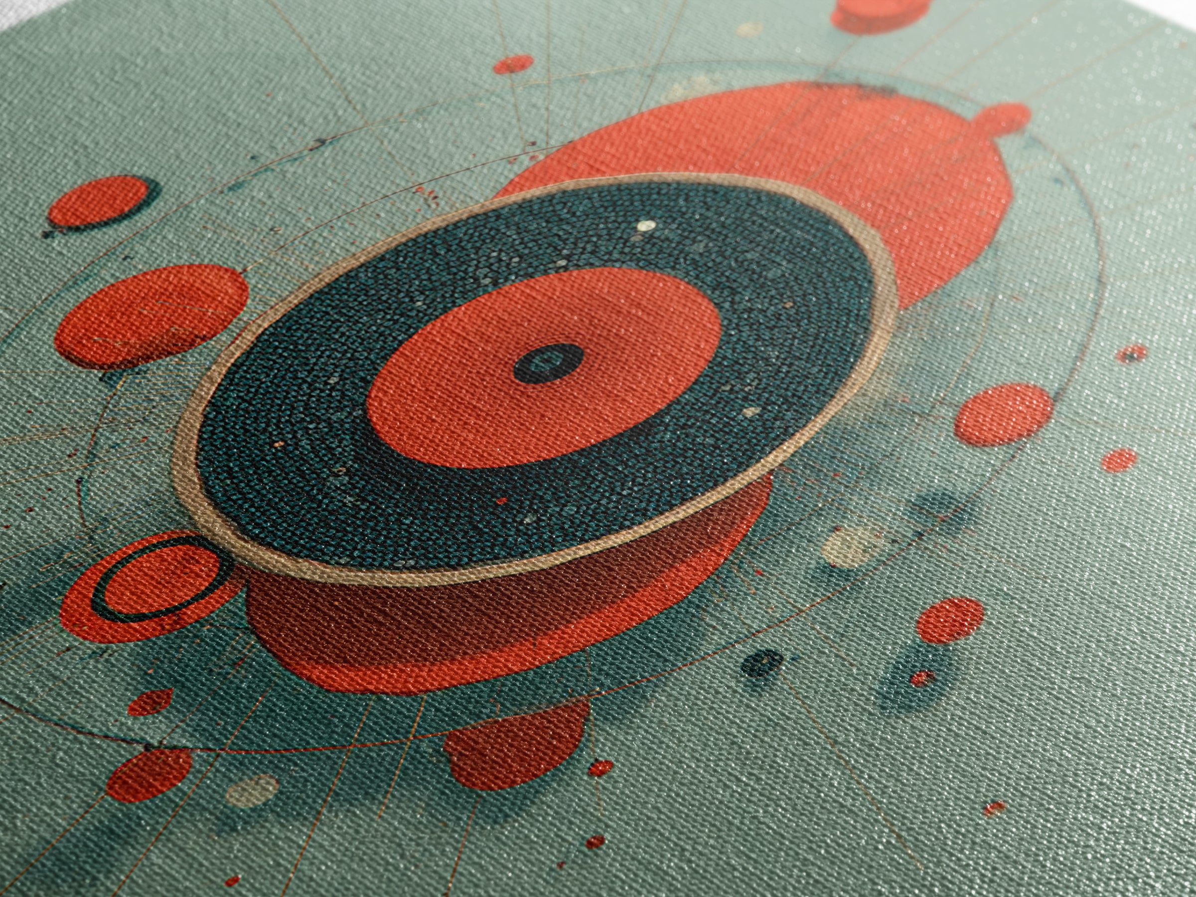 Red Teal Circular Planet Orbit Abstraction Framed Canvas Print, Modern Contemporary Art, Geometric Wall Art, Retro Home Decor
