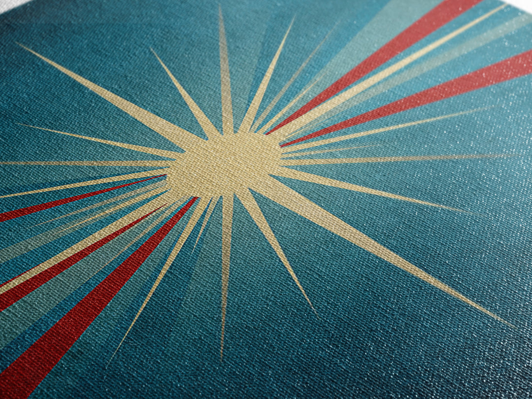 Minimal Teal Starburst With Red Rays Canvas Print, Midcentury Modern Wall Art, Atomic Retro Poster, Mcm Home Decor Print