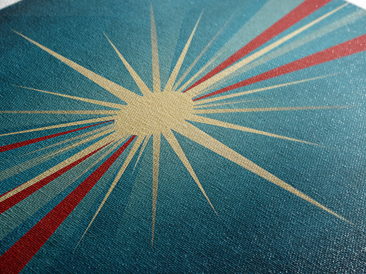 Minimal Teal Starburst With Red Rays Canvas Print, Midcentury Modern Wall Art, Atomic Retro Poster, Mcm Home Decor Print